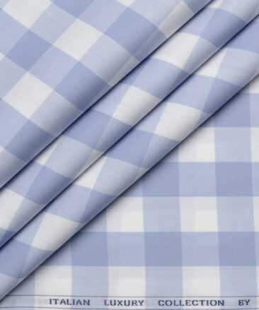 Luthai  Giza Cotton Checks Shirting Fabric (White & Blue)
