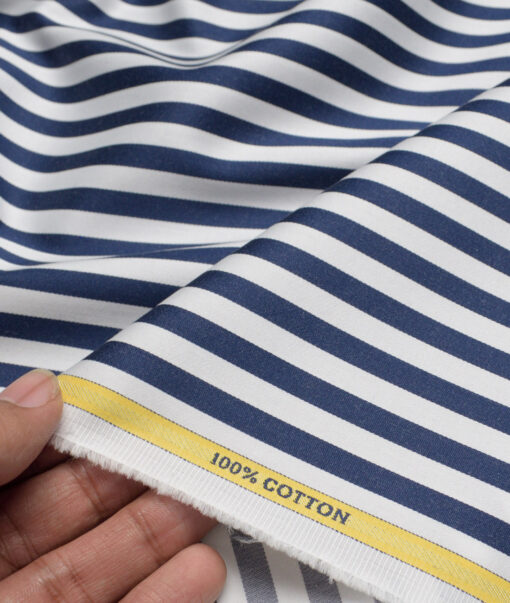 Luthai  Supima Cotton Striped Shirting Fabric (White & Dark Royal Blue)