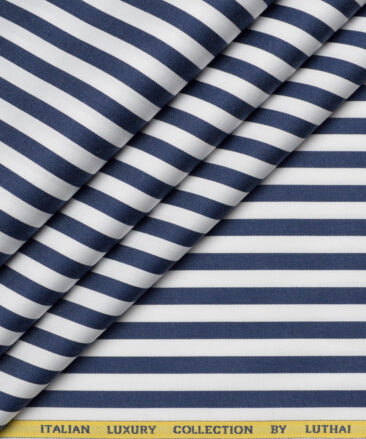 Luthai  Supima Cotton Striped Shirting Fabric (White & Dark Royal Blue)