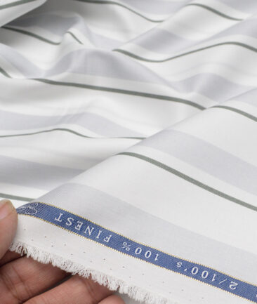 Vercelli Italy 2 Ply 100's Supima Cotton Striped Shirting Fabric (White & Green)