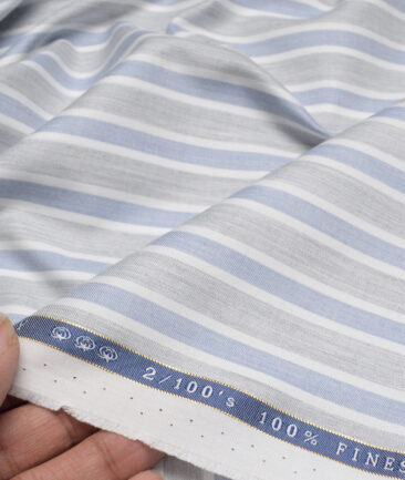 Vercelli Italy 2 Ply 100's Supima Cotton Striped Shirting Fabric (Grey & Blue)