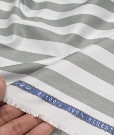 Vercelli Italy 2 Ply 100's Supima Cotton Striped Shirting Fabric (White & Grey)
