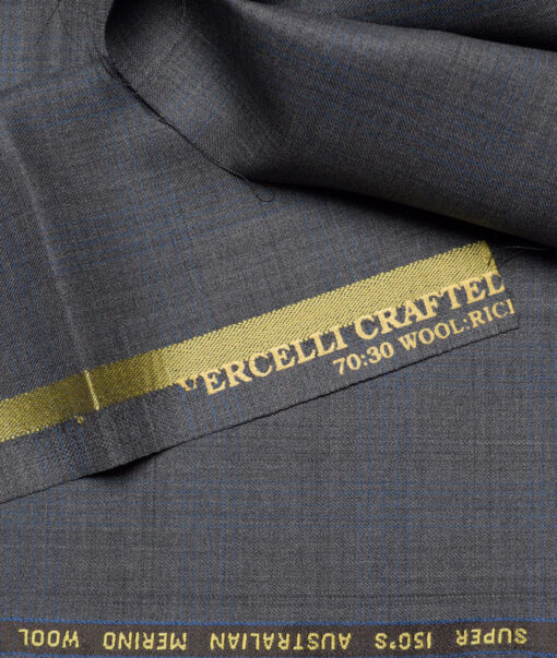 Vercelli Italy Super 150's Checks 70% Merino Wool Suiting Fabric (Grey & Blue)