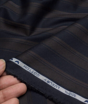 Monza  Luxury Cotton Striped Shirting Fabric (Dark Blue & Brown)