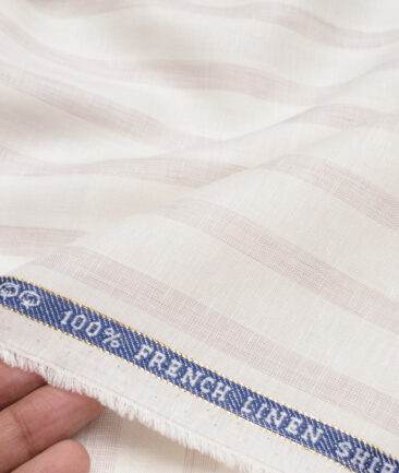 Vercelli Italy 80 LEA French Linen Striped Shirting Fabric (Cream & Turkish Rose)
