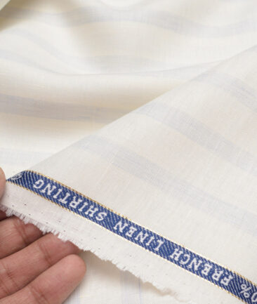 Vercelli Italy 80 LEA French Linen Striped Shirting Fabric (Cream & Blue)