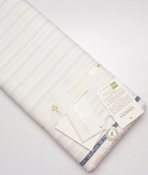 Vercelli Italy 80 LEA French Linen Striped Shirting Fabric (Cream & Blue)