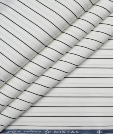 Soktas 2 Ply 140's Giza Cotton Striped Shirting Fabric (White & Black)