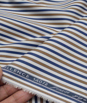 Soktas 2 Ply 140's Giza Cotton Striped Shirting Fabric (White & Brown)