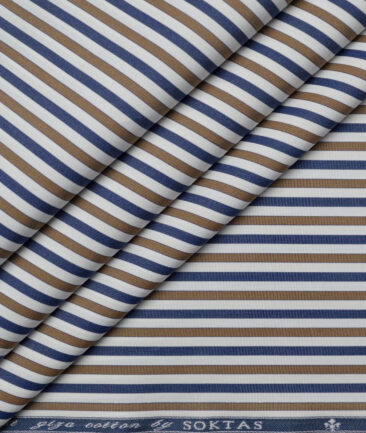 Soktas 2 Ply 140's Giza Cotton Striped Shirting Fabric (White & Brown)