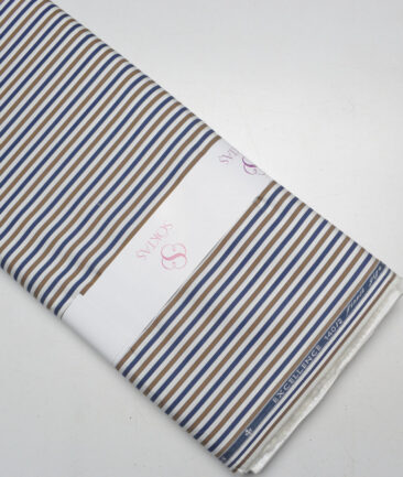Soktas 2 Ply 140's Giza Cotton Striped Shirting Fabric (White & Brown)