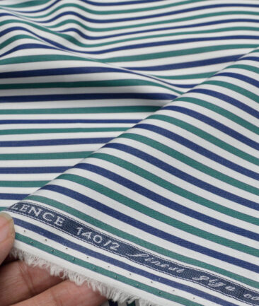 Soktas 2 Ply 140's Giza Cotton Striped Shirting Fabric (White & Green)