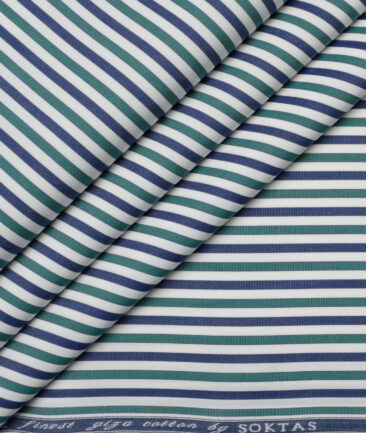 Soktas 2 Ply 140's Giza Cotton Striped Shirting Fabric (White & Green)