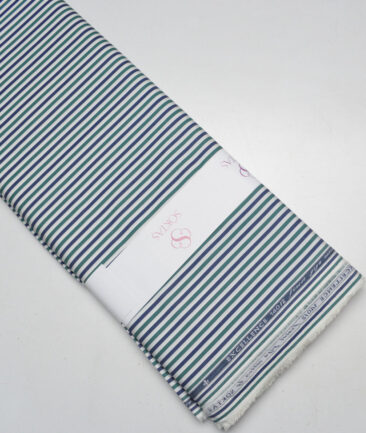 Soktas 2 Ply 140's Giza Cotton Striped Shirting Fabric (White & Green)