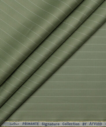 Primante By Arvind 1 Ply 90's Giza Cotton Striped Shirting Fabric (Olive Green)