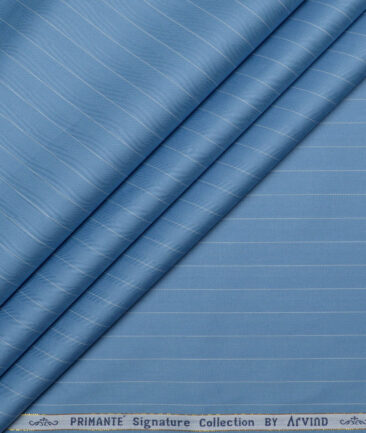 Primante By Arvind 1 Ply 90's Giza Cotton Striped Shirting Fabric (Pastel Blue)