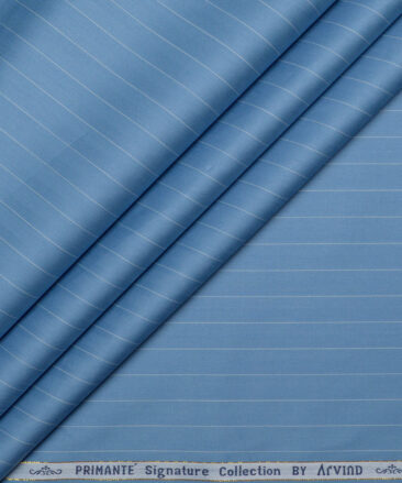 Primante By Arvind 1 Ply 90's Giza Cotton Striped Shirting Fabric (Pastel Blue)