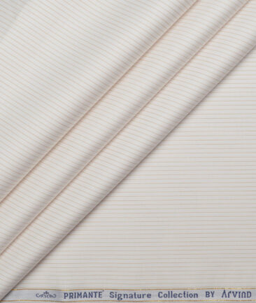 Primante By Arvind 1 Ply 90's Giza Cotton Striped Shirting Fabric (White & Brown)