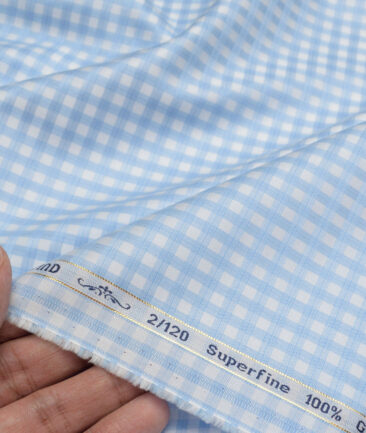 Primante By Arvind 2 Ply 120's Giza Cotton Checks Shirting Fabric (White & Blue)