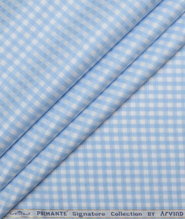 Primante By Arvind 2 Ply 120's Giza Cotton Checks Shirting Fabric (White & Blue)