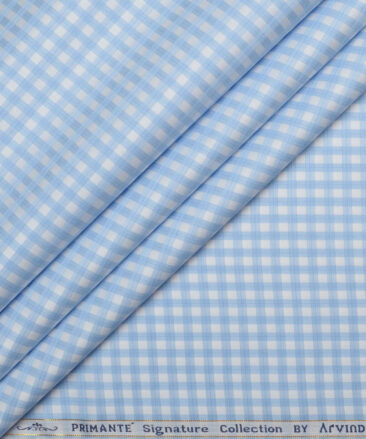 Primante By Arvind 2 Ply 120's Giza Cotton Checks Shirting Fabric (White & Blue)