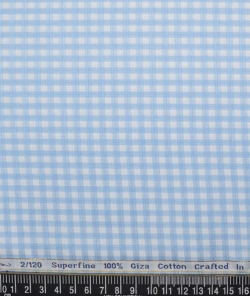 Primante By Arvind 2 Ply 120's Giza Cotton Checks Shirting Fabric (White & Blue)