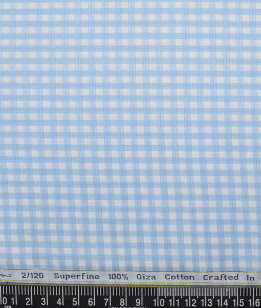 Primante By Arvind 2 Ply 120's Giza Cotton Checks Shirting Fabric (White & Blue)