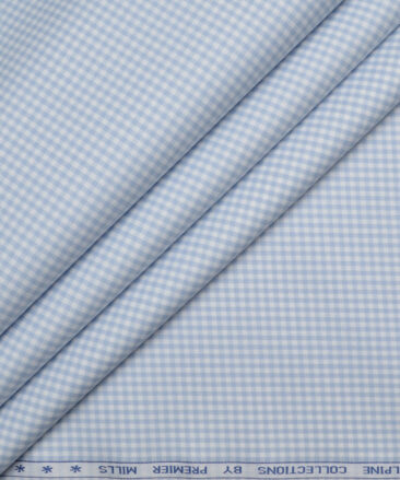 Premier Mills  Giza Cotton Checks Shirting Fabric (White & Light Blue)