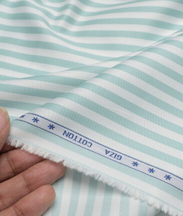 Premier Mills  Giza Cotton Striped Shirting Fabric (White & Mint Green)