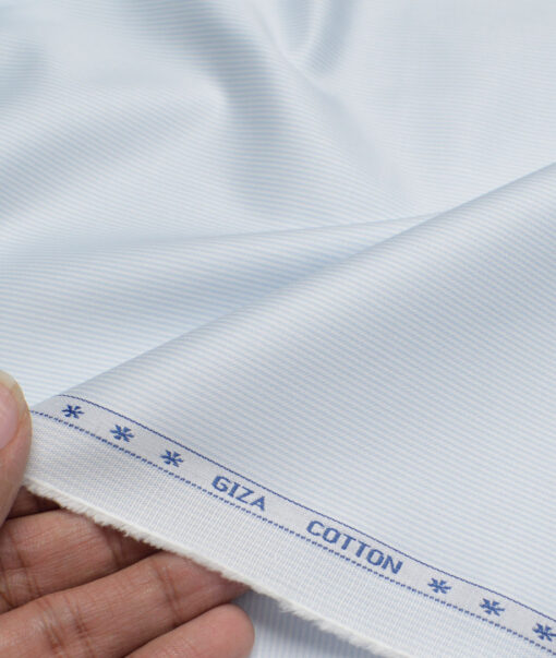 Premier Mills  Giza Cotton Striped Shirting Fabric (White & Sky Blue)