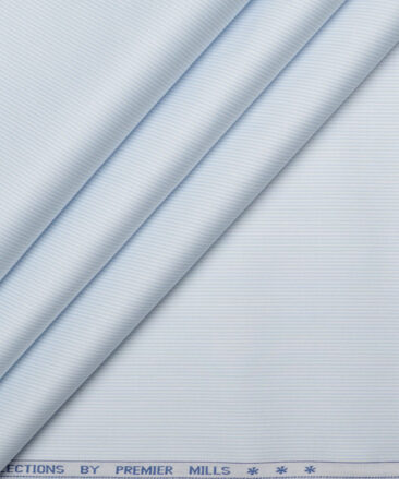Premier Mills  Giza Cotton Striped Shirting Fabric (White & Sky Blue)