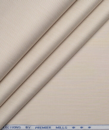 Premier Mills  Giza Cotton Striped Shirting Fabric (White & Light Brown)