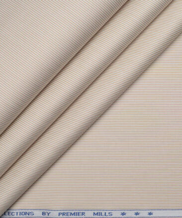 Premier Mills  Giza Cotton Striped Shirting Fabric (White & Light Brown)