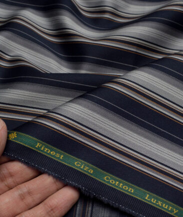 Reid & Taylor  Giza Cotton Striped Shirting Fabric (Dark Royal Blue & Grey)