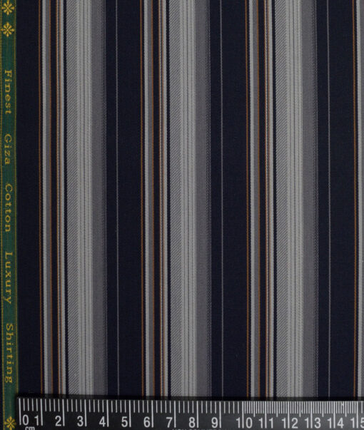 Reid & Taylor  Giza Cotton Striped Shirting Fabric (Dark Royal Blue & Grey)