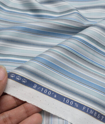 Vercelli Italy 2 Ply 100's Supima Cotton Striped Shirting Fabric (White & Blue)