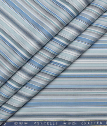 Vercelli Italy 2 Ply 100's Supima Cotton Striped Shirting Fabric (White & Blue)
