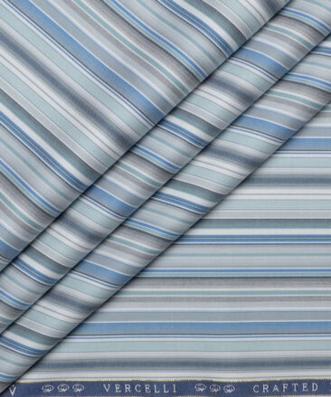 Vercelli Italy 2 Ply 100's Supima Cotton Striped Shirting Fabric (White & Blue)