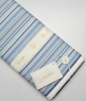 Vercelli Italy 2 Ply 100's Supima Cotton Striped Shirting Fabric (White & Blue)